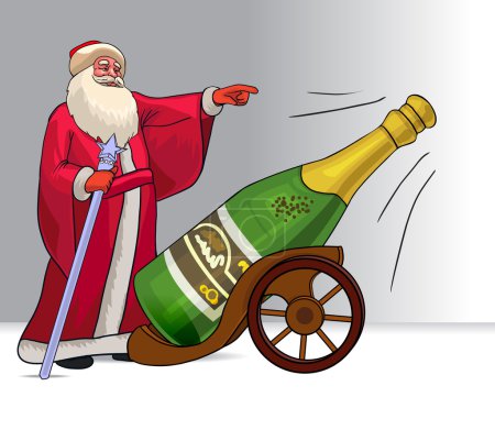 Russian Santa Claus Ded Moroz and champagne bottle ready to shoot. Vector cartoon illustration, Christmas Card