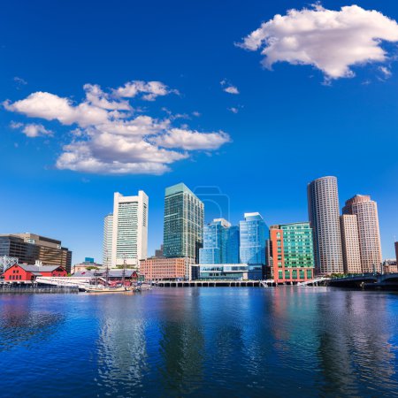 Boston skyline from Fan Pier sunlight Massachusetts