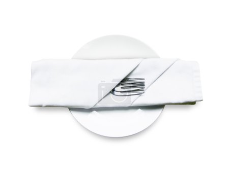 White Empty Flat Round Plate Silver Fork Napkin Top View Isolated Background