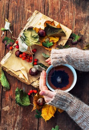 Female hand with a mug of warm autumn tea
