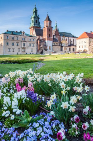 Krakow, Poland. Wawel castle and color flowers