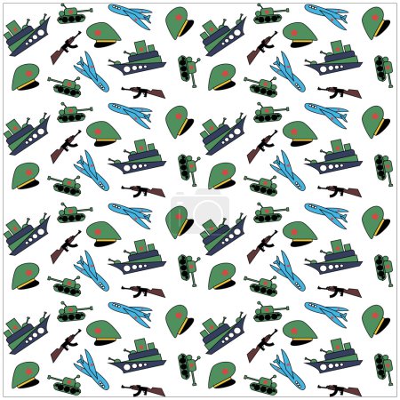 Military Background army seamless pattern. Tank, plane, cap, weapons, military ship. February 23