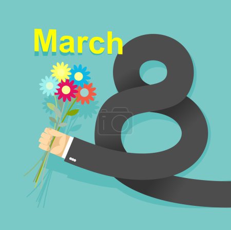 8 march. Businessman hand holding bouquet of  flowers
