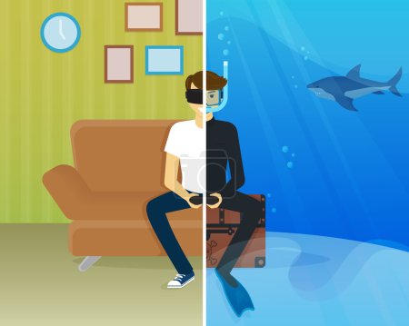 Happy guy is doing scuba diving in virtual reality