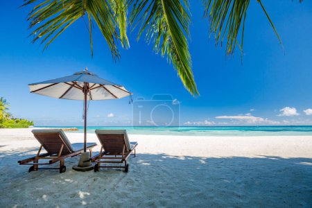 Tropical beach background as summer landscape with lounge chairs and palm trees and calm sea for beach banner. White sand and coco palms travel tourism wide panorama background concept. Amazing beach landscape. Luxury island resort vacation holiday