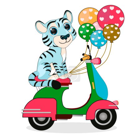  Cute cartoon blue water tiger symbol new year 2022 with scooter and balloons vector illustration. Perfect for cards, party invitations, posters, stickers, clothing. Christmas tiger