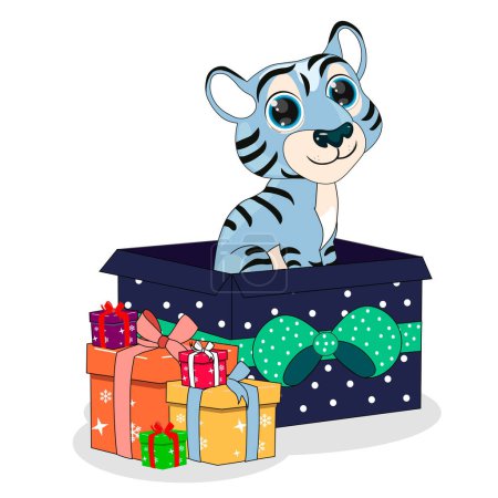 Cute cartoon blue water tiger symbol new year 2022 in gift box vector illustration. Perfect for cards, party invitations, posters, stickers, clothing. Christmas tiger.