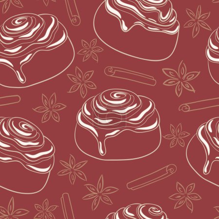 Seamless pattern with cinnamon rolls with frosting and spice.