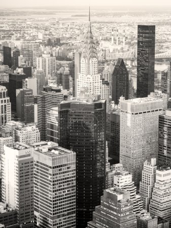 Black and white view of New York City including the Chrysler Building