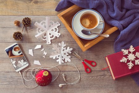 Coffee, smartphone, scissor and decorations