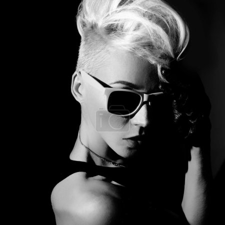 Glamorous blonde punk fashion style black and white photo