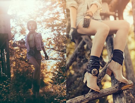 Fashion portrait model in the autumn forest. Country Style Acces