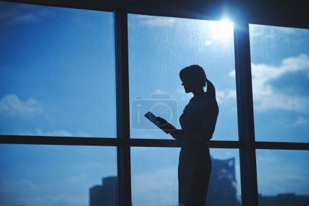 Businesswoman with touchpad by the window