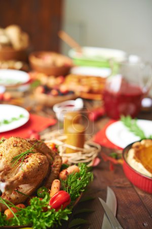 Roasted turkey  on festive table