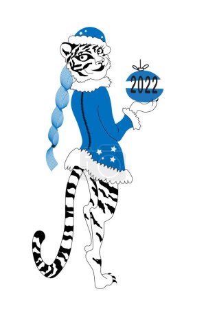Snow Maiden tigress in New Year's outfit. Symbol of the Year of the Chinese calendar Tiger 2022. Festive greeting card, print. 