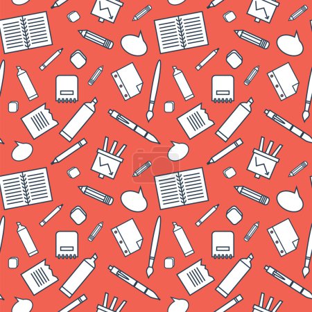Seamless pattern with office supplies on red background.