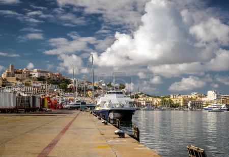 Moored vessels in the port of Ibiza, Balearic Islands. Spain