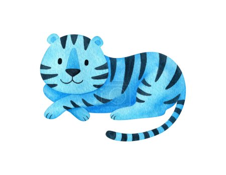  blue water tiger is a symbol of the new year 2022. Watercolor illustration of a reclining animal in a cartoon style. A festive character for the Christmas decor. Clipart on a white background.