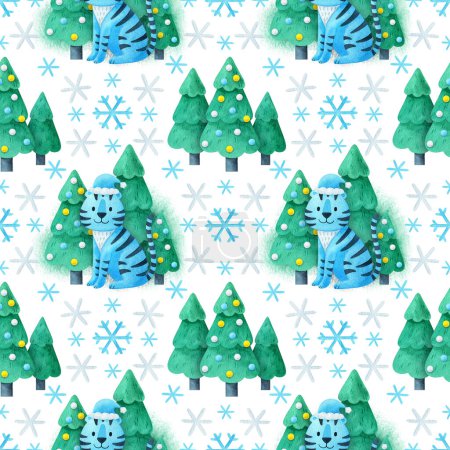Seamless Christmas pattern with a blue tiger and a Christmas tree. Festive ornament with watercolor illustrations on a dark background. 2022 print template with a cartoon animal in a spruce forest