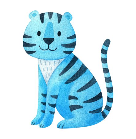  blue water tiger is a symbol of the new year 2022. Watercolor illustration of a sitting animal in a cartoon style. A festive character for the Christmas decor. Clipart on a white background.