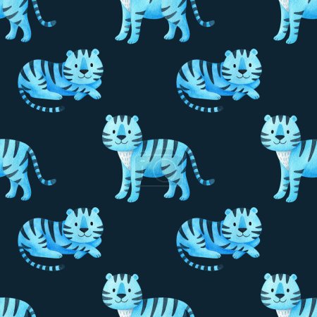A blue tiger on a dark blue background. Seamless pattern with the symbol of the new year 2022. watercolor ornament of animals. Cute Maltese tiger cub. Holiday print