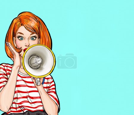 Pop art girl with megaphone. Woman with loudspeaker.Girl announcing discount or sale.Shopping time.Protest, meeting, feminism, woman rights, woman protest, girl power. Pop art background,