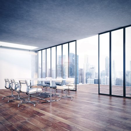 Contemporary office interior with cityscape