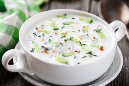 Cold soup with cucumbers, yogurt and fresh herbs