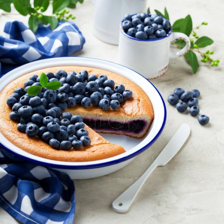 Blueberry pie in enamel baking dish