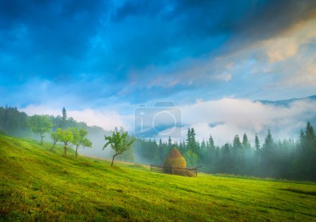 Landscape with fog and a haystack