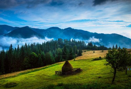 Landscape with fog and a haystack