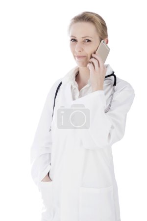 Close up Smiling Female Physician Calling on Phone