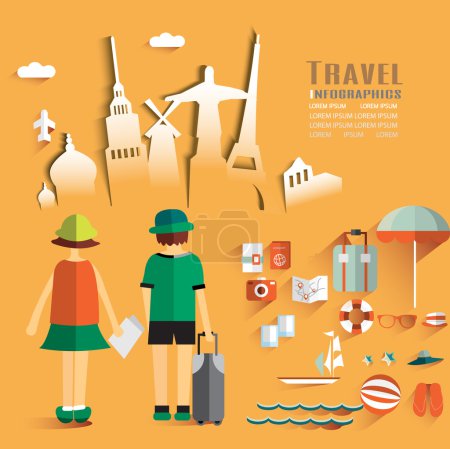 Trendy Flat Design Illustration Travel. Icons set of lifestyle items, elements and gadgets.