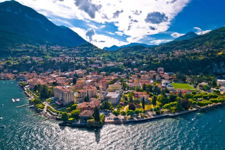Como Lake and town of Menaggio waterfront aerial view, Lombardy region of Italy
