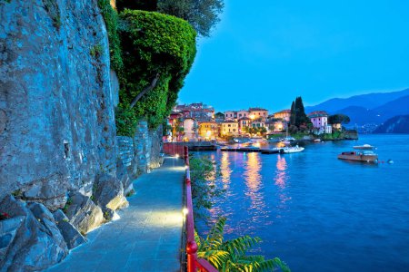 Town of Varenna scenic lakeside walkway evening view, Como lake, Lombardy region of Italy