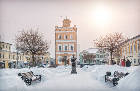 Water tower and a monument to the mayor Ermakov A.V. in Murom in the light of a snowy sunny winter da