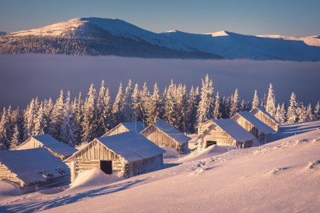 Wooden houses in the mountains in winter