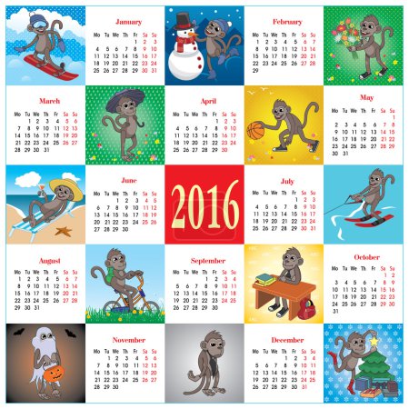 Calendar 2016 with monkeys