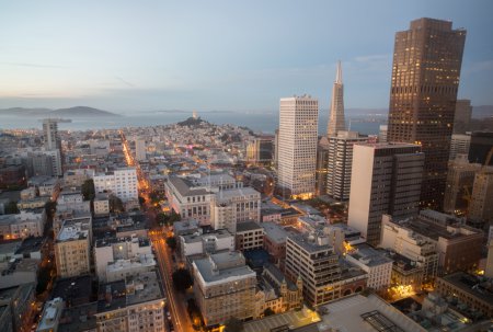 Aerial Views of City Skyline and San Francisco Bay from Downtown, Dusk