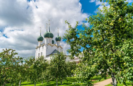 Church of St. Gregory the Theologian with an apple orchard on the territory of the Kremlin in Rostov the Great. Golden ring of Russia.