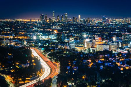 View of the Los Angeles Skyline and Hollywood at night from the 