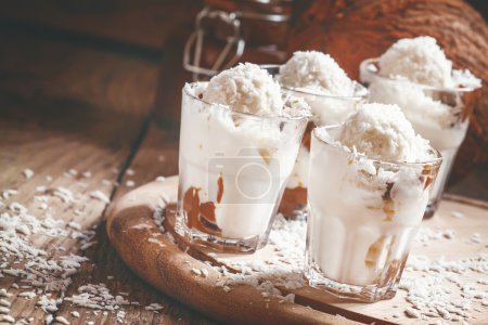 Coconut dessert with vanilla ice cream and caramel