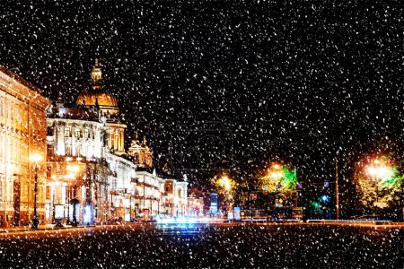 Beautiful night view of Nevsky Prospect and Isaacs Cathedral ne