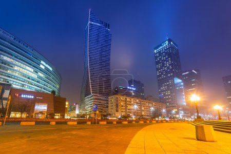 Skyscrapers in the city center of Warsaw at night, Poland