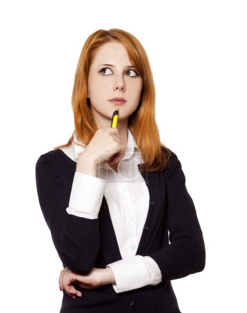 Redhead business women with pen.