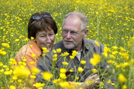 Senior couple in a buttercup field