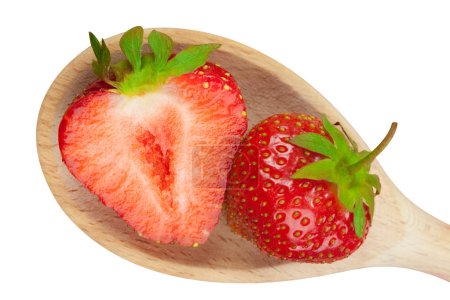 Two strawberries on a wooden spoon