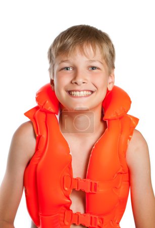 Teen in an orange life jacket for water sports - on a white back
