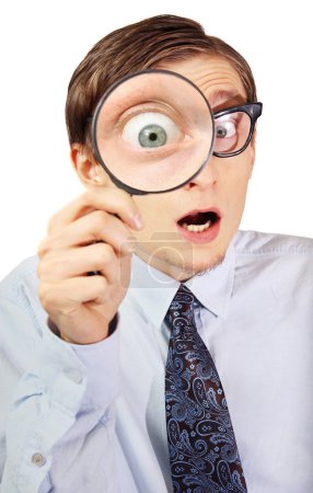 Excited nerd with magnifying glass