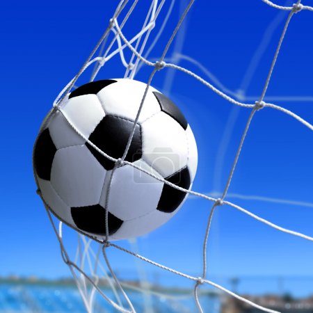 Soccer ball flies into the net gate